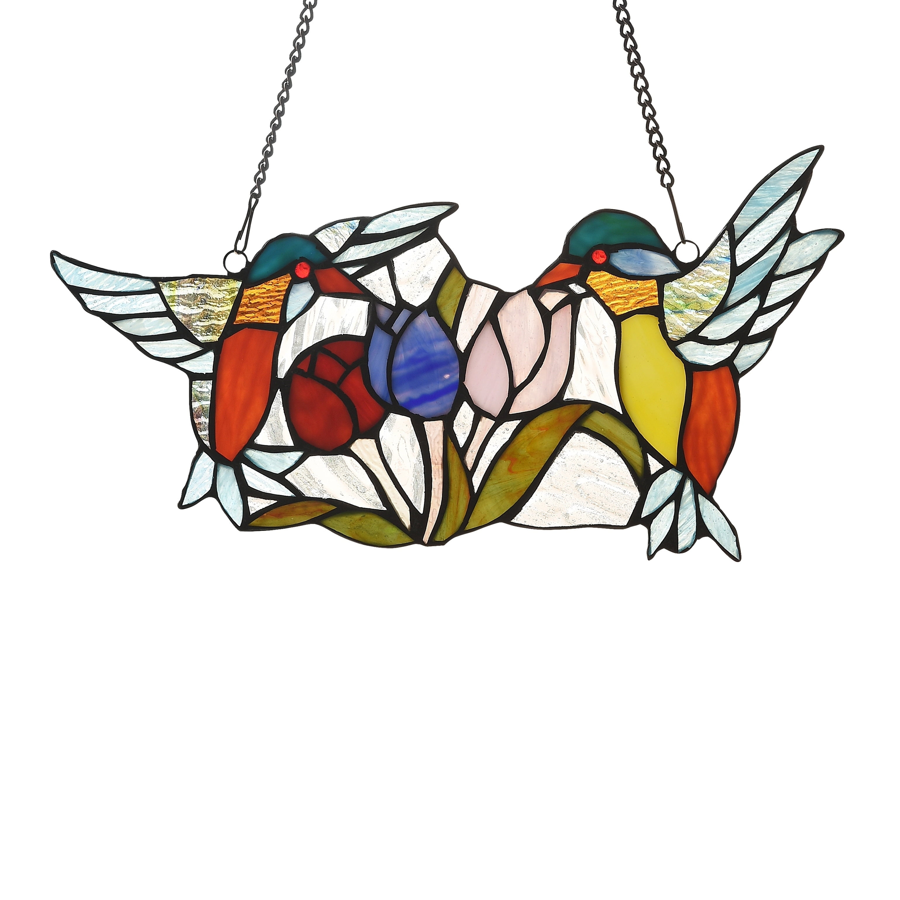 Handcrafted Stained Glass Hummingbirds and Flowers Window Panel