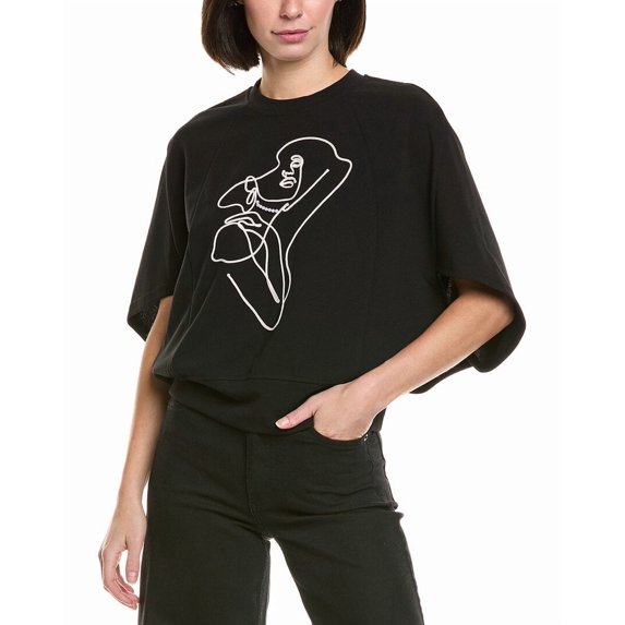 Gracia womens Abstract Face Embroidered Puff Sleeve Top, l, Black
