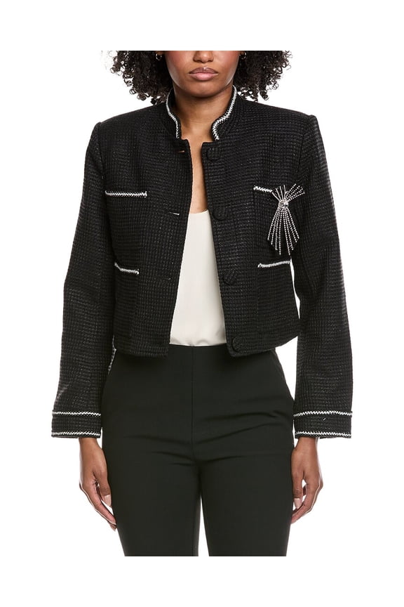 womens Crystal Embellished Cropped High Neck Jacket, s, Black