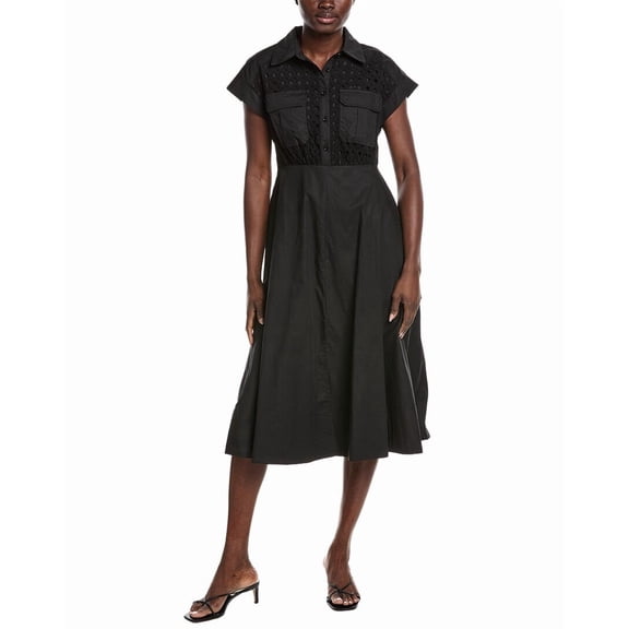 Gracia womens  Eyelet Bodice Tie Waist Midi Dress, s, Black