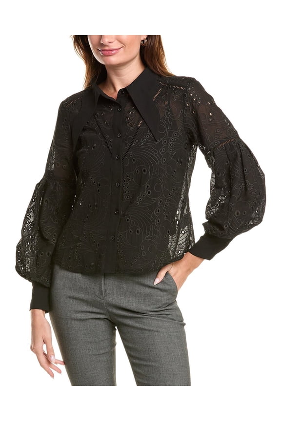 womens  Eyelet Collared Top, s, Black