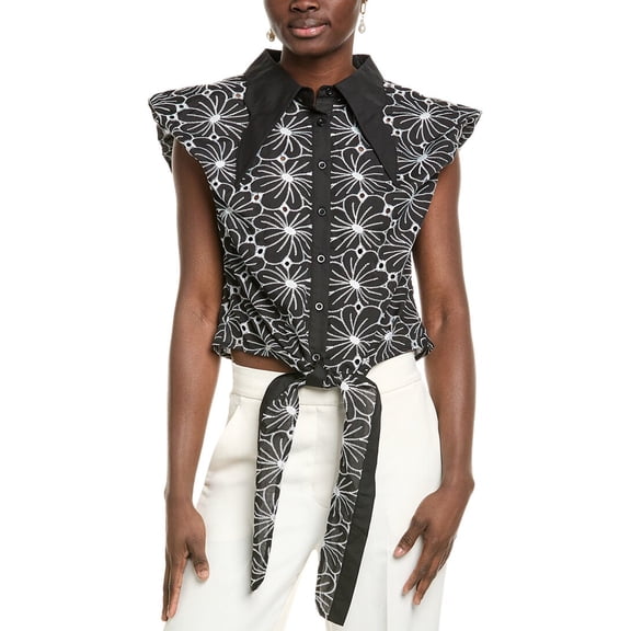 Gracia womens Eyelet Embroidered Tie-Front Top, l, Black