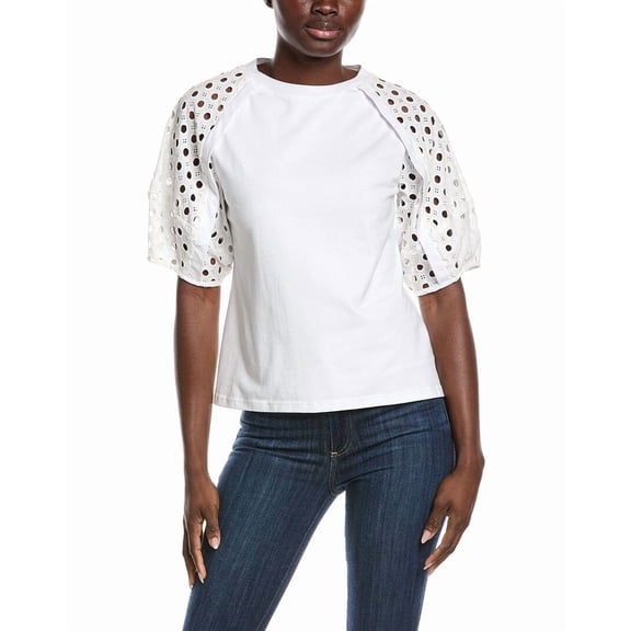 Gracia womens Eyelet Sleeve Top, s, White