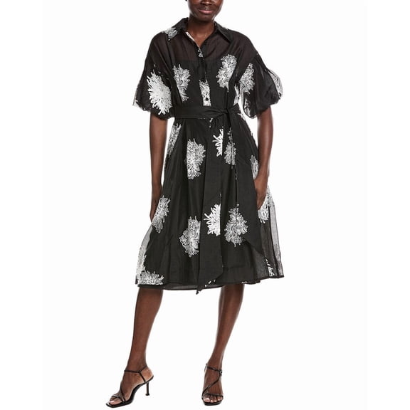 Gracia womens Floral Embroidered Puffed Sleeve Shirtdress, l, Black