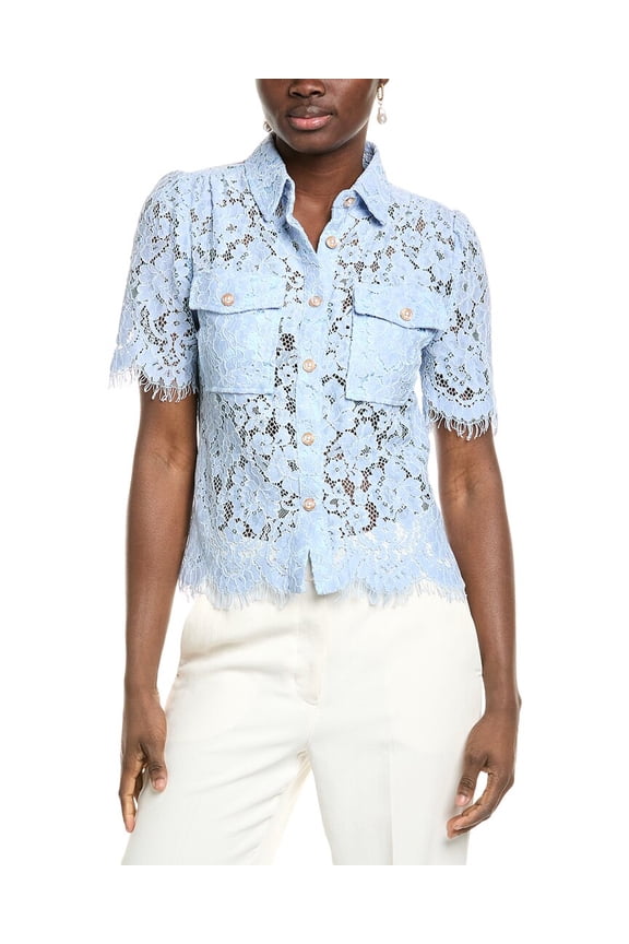 womens Floral Lace Button-Down Shirt, l, Blue