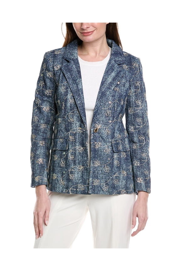womens Flower Embroidered Denim Blazer, m, Blue