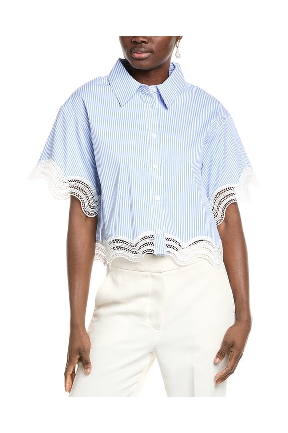 womens Lace-Trim Button-Down Shirt, l, Blue