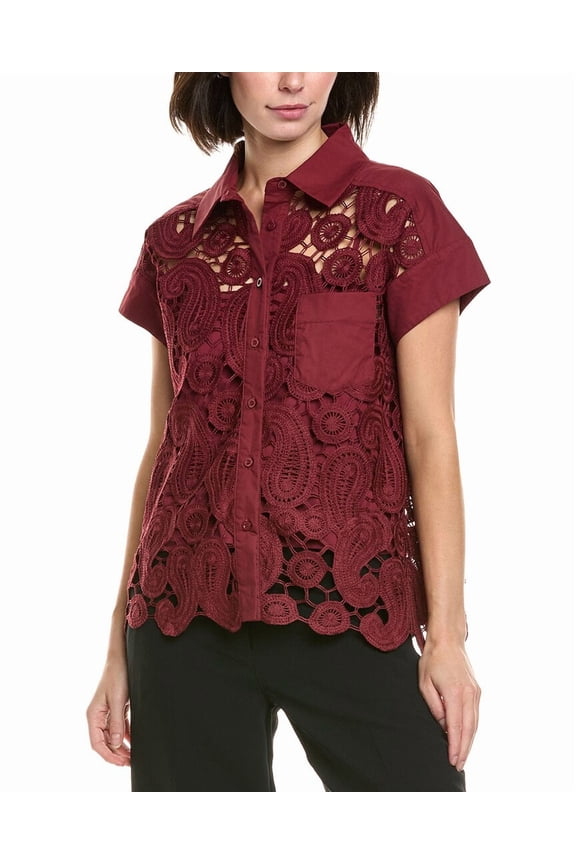 womens  Paisley Lace Button Down Shirt, s, Red
