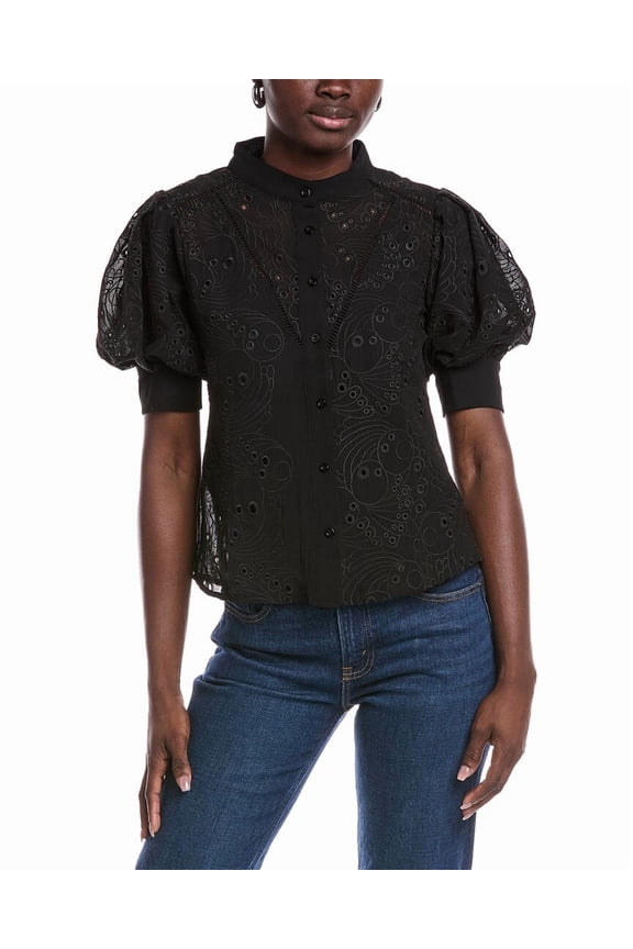 womens  Puff Sleeve Eyelet Blouse, m, Black