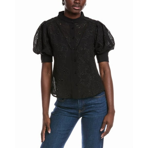 Gracia womens  Puff Sleeve Eyelet Blouse, s, Black