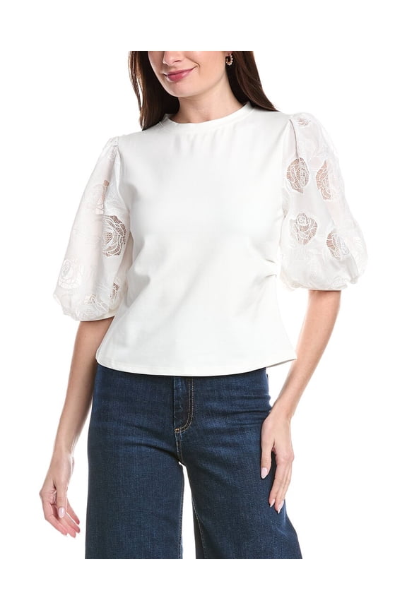 womens  Puffed Cut Work Lace Design Sleeve Top, s, White