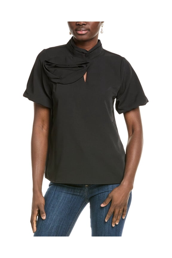 womens  Rose Detail Puff Sleeve Top, m, Black