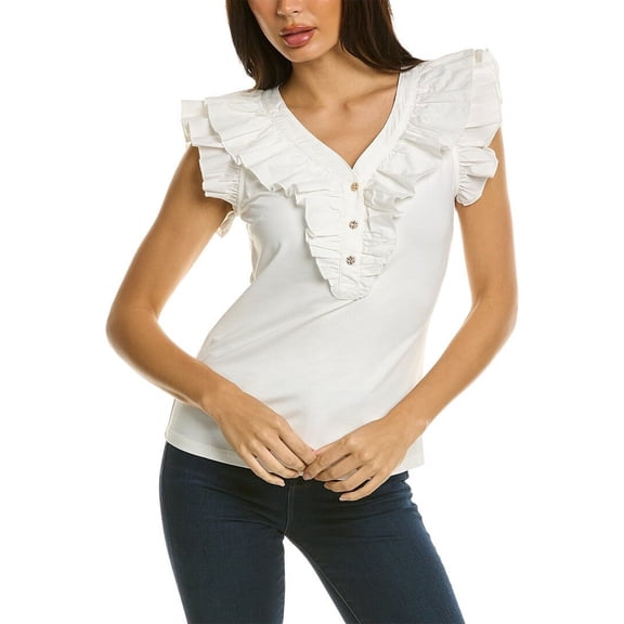 Gracia womens Ruffle Solid Top, M, White