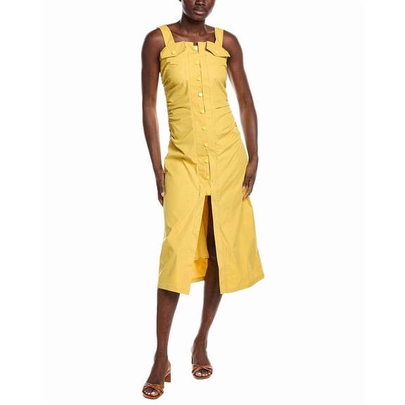 Gracia womens  Side Gathered Front Slit Strap Midi Dress, l, Yellow
