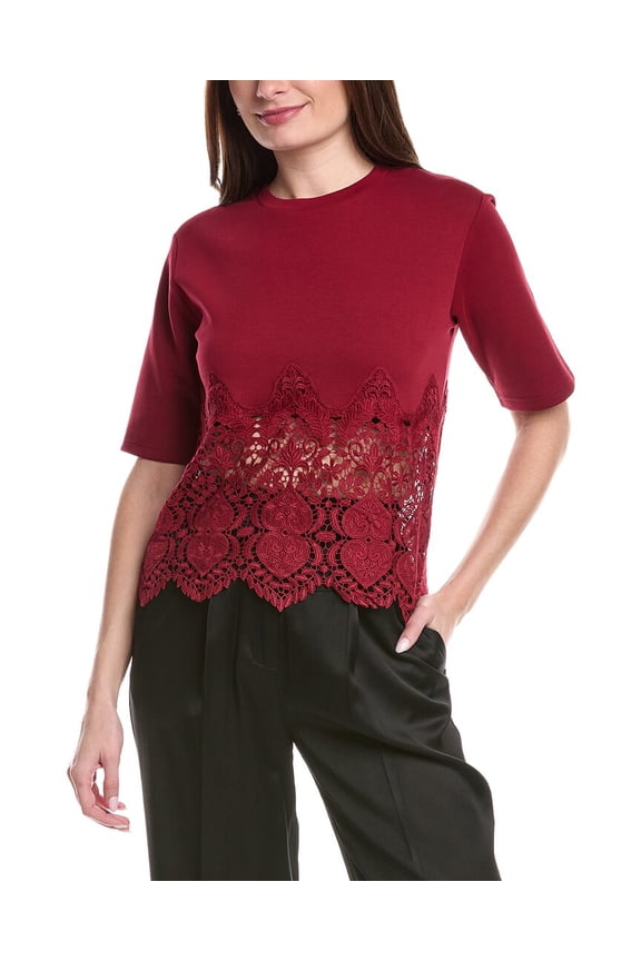womens  Solid Bottom Lace T-Shirt, s, Red