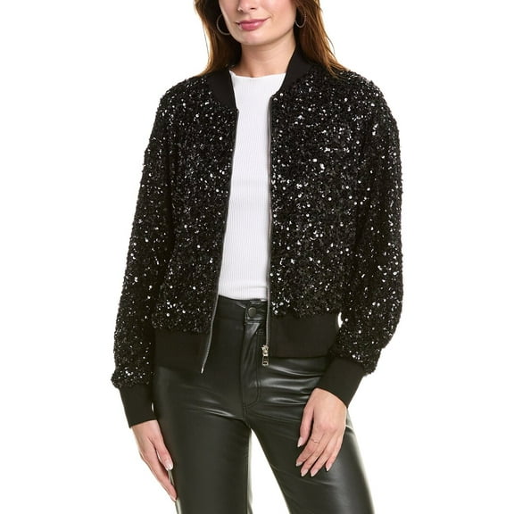 Gracia womens Sparkling Sequin Zip-Up Bomber Jacket, s, Black