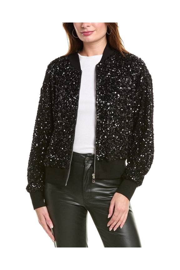 womens Sparkling Sequin Zip-Up Bomber Jacket, s, Black