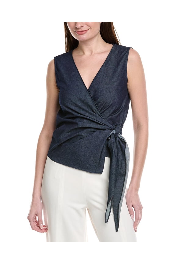 womens V-Neck Wrap Over Sleeveless Denim Top, m, Blue