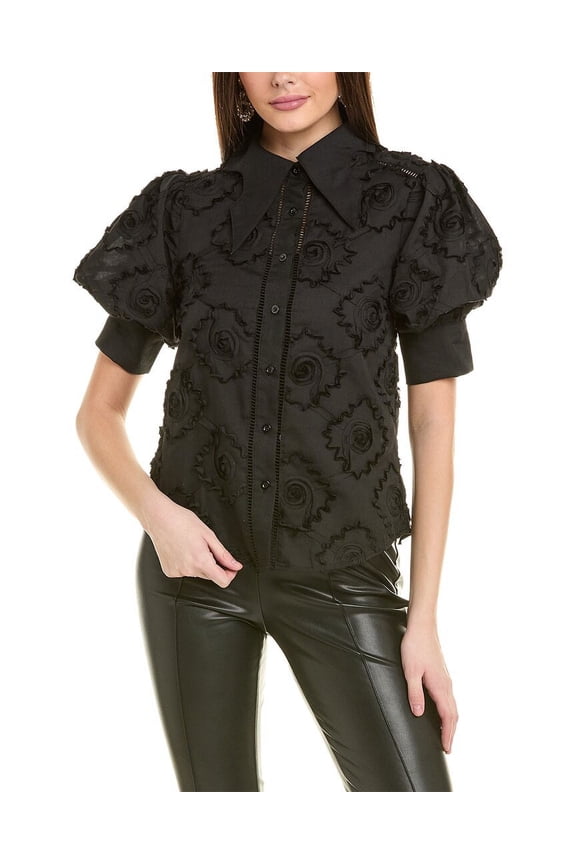 womens Wing Collar Circle Embroidered Top, S, Black