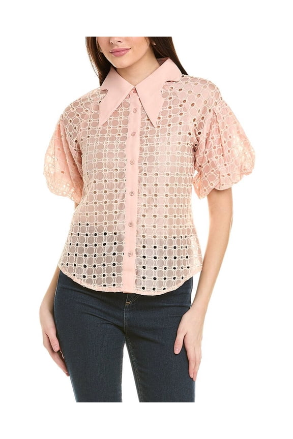 womens  Wing Collar Circle Embroidered Top, S, Pink