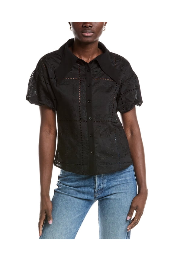 womens  Wing Collar Eyelet Blouse, s, Black