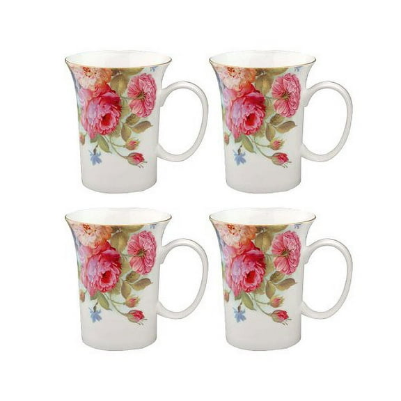 Gracie Bone China 10-Ounce Trumpet Mug, Pink Sandra's Rose, Set of 4, Gold Trimmed