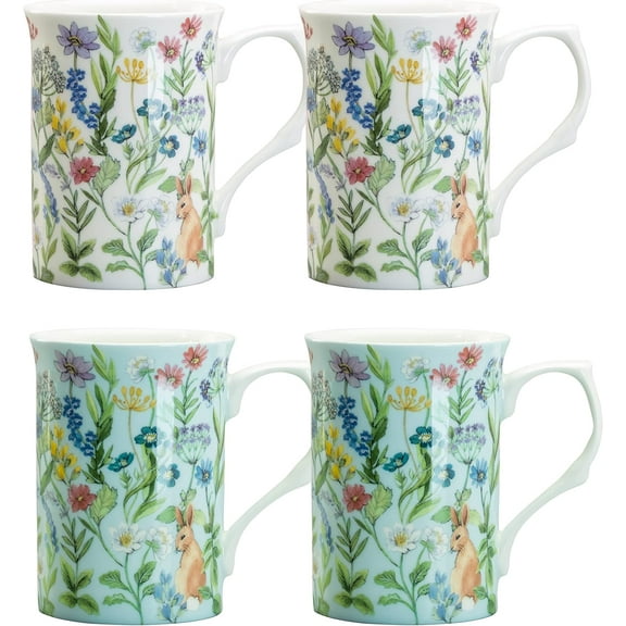 Gracie Bone China Forest Rabbit Set of 4 Bone China Mugs 9-Ounce