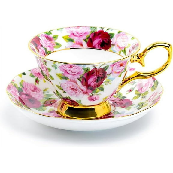 Gracie Bone China Rose Gold Bone China Tea Cup and Saucer (Pink Rose Chintz), Regular