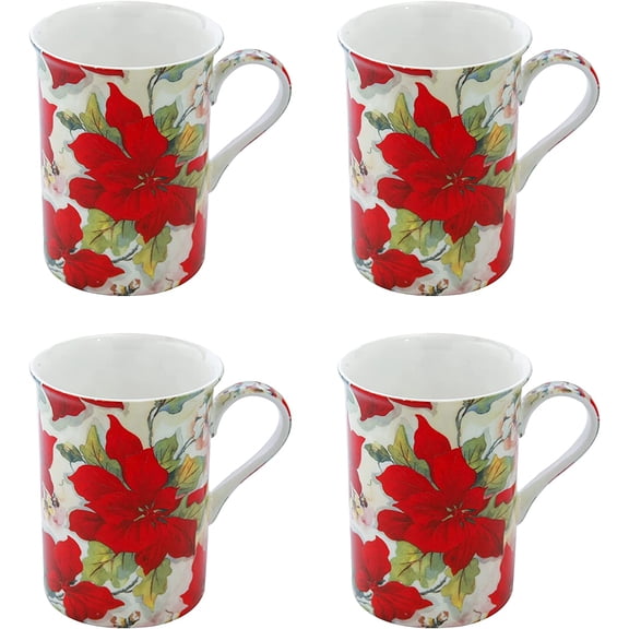 Gracie Bone China by Coastline Imports Poinsettia Floral Set of 4 Bone China Mugs 13-Ounce (Red)