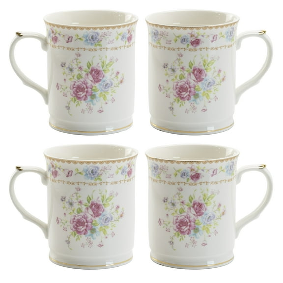 Gracie China 12-Ounce Porcelain Mug, Pink Vintage Floral, Set of 4