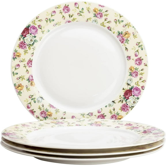 Gracie China by Coastline Imports Cream Rose Chintz Set of 4 Dinner Plates, 10.5-Inch, Pink Yellow