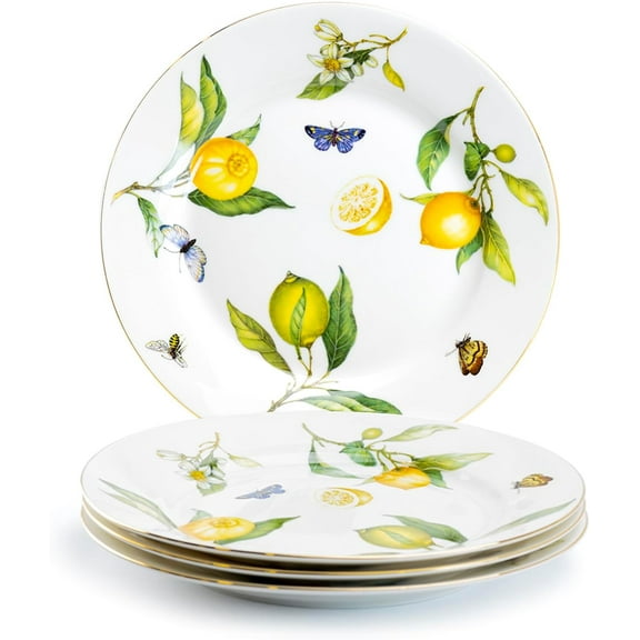 Gracie China by Coastline Imports Gracie China Lemons Butterfly Bee Garden 8 Inch Set of 4 Porcelain Dessert/Salad Plate, Yellow