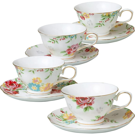 Gracie China by Coastline Imports Shabby Rose Set of 4 Teacup and Saucer, 7-Ounce, Cream Floral