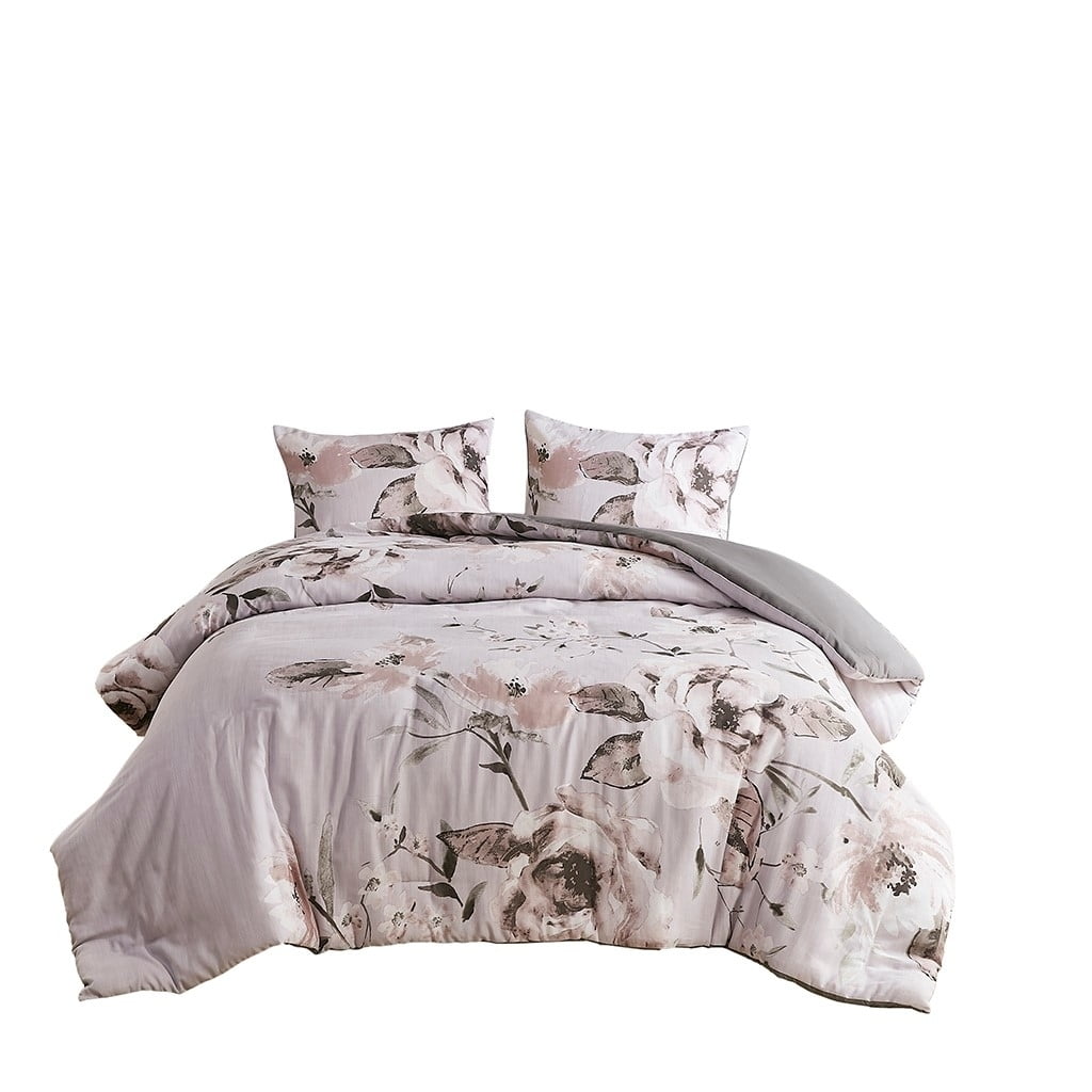 Lilac Floral Print King/Cal King Cotton Duvet Cover Set