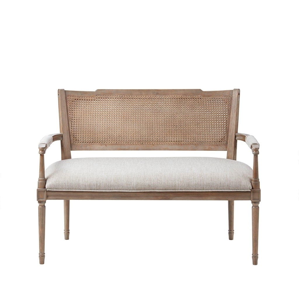 Beige Reclaimed Natural Wood and Fabric Upholstered Settee