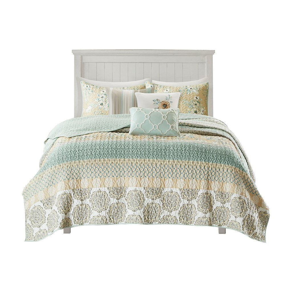 Boho-Chic Blue Cotton Reversible Quilt Set with Pillows