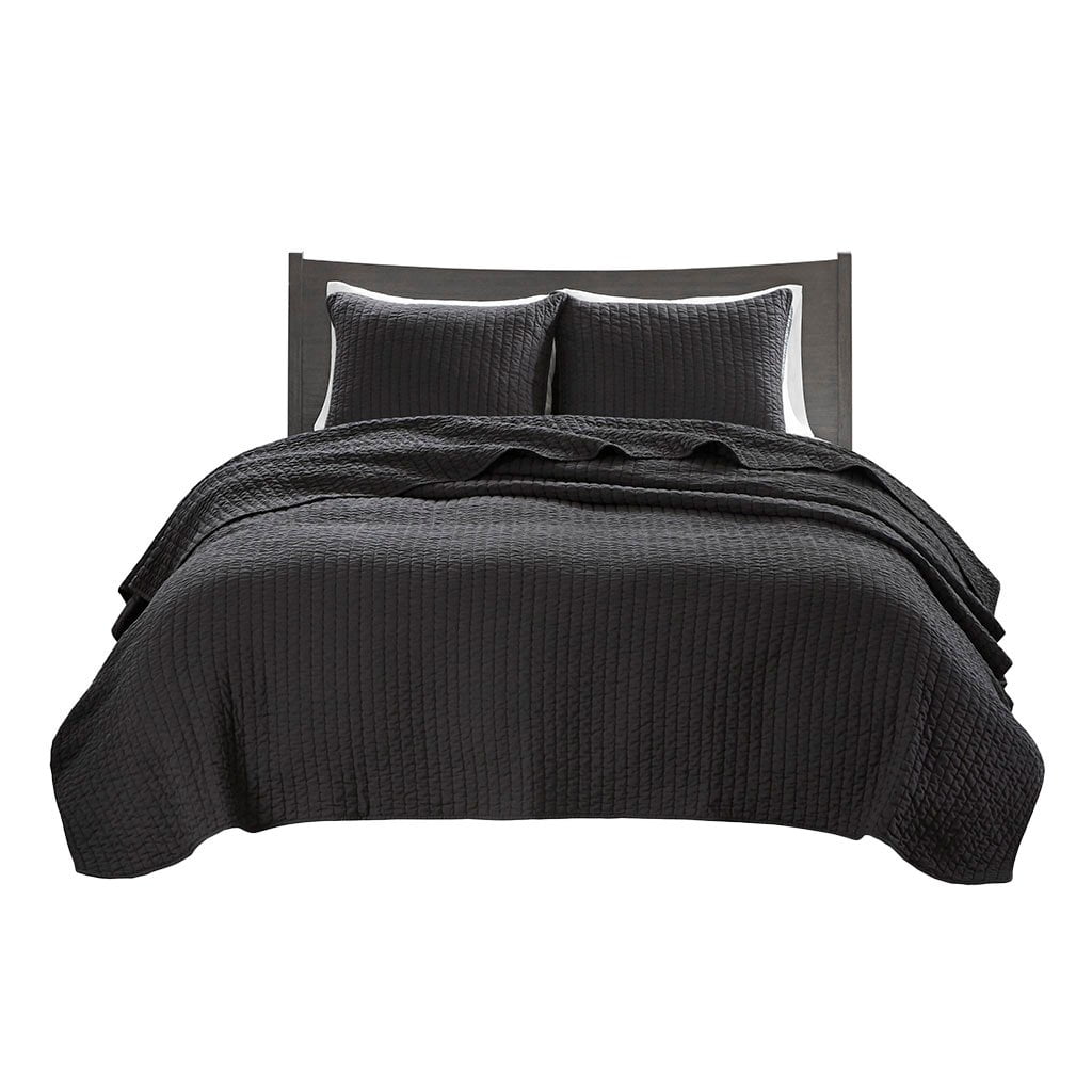 Cozy Farmhouse Black Microfiber Twin Quilt Set with Reversible Design