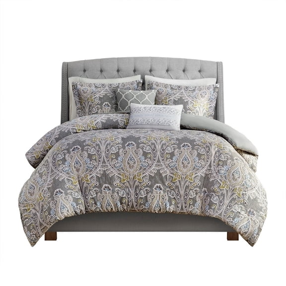 Gracie Mills Brant Damask 5-Piece Cotton Duvet Cover Set - GRACE-10483