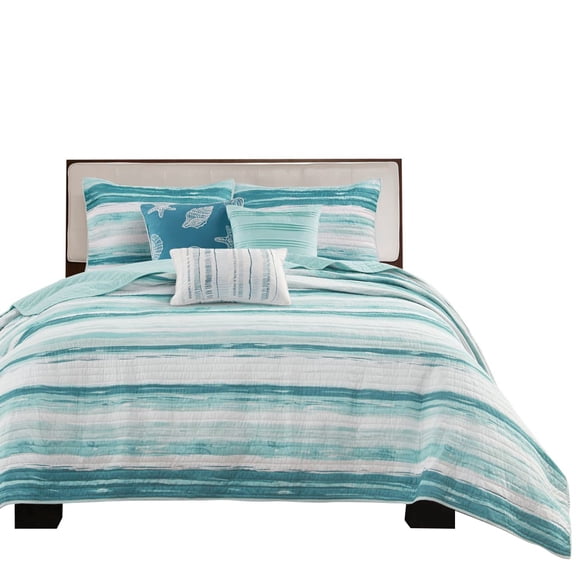 Gracie Mills Coastal Watercolor Quilt Set 6-Piece Reversible Seashell Pillows GRACE-3149