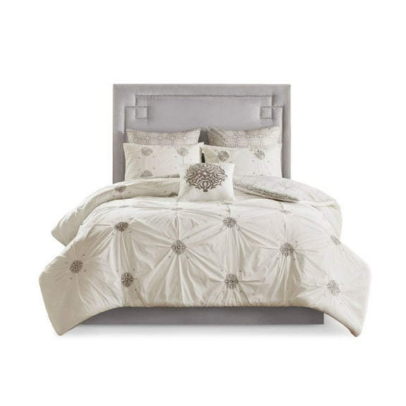 Gracie Mills Donna Chic Reversible Comforter Set Grey Ivory 6-Piece Cotton GRACE-12206