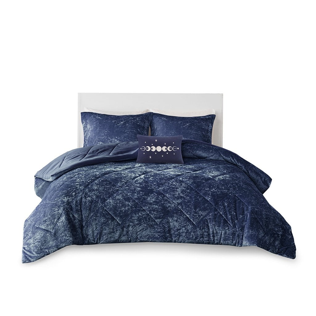 Navy Twin Crushed Velvet Diamond Quilted Bedspread Set