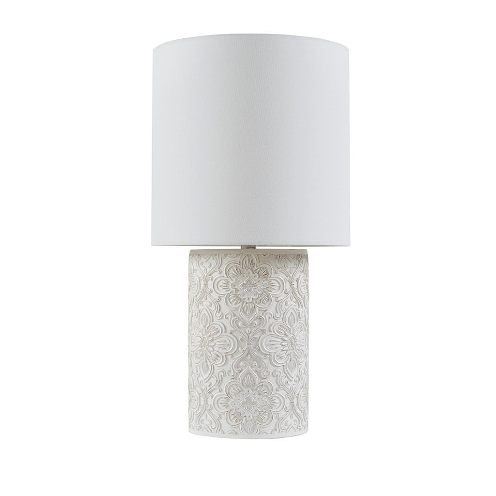 Ivory Floral Embossed Resin Cylinder Table Lamp with 3-Way Switch