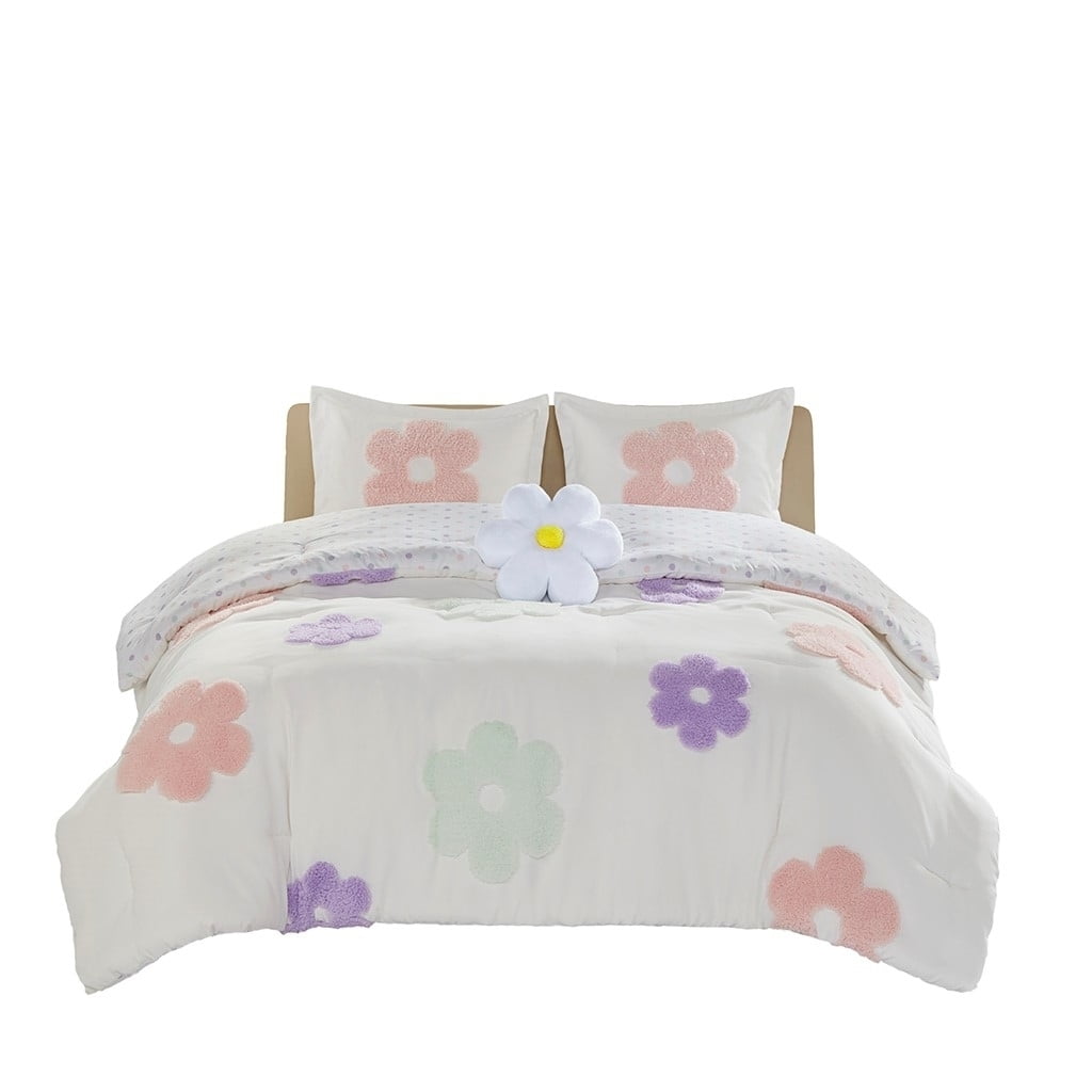 3-Piece Twin Floral Reversible Tufted Chenille Comforter Set with Flower Throw Pillow,Pink