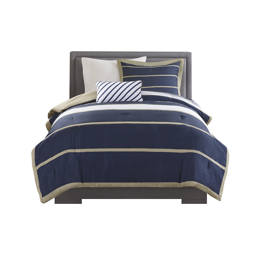 Navy and Khaki Twin Microfiber Striped Comforter Set