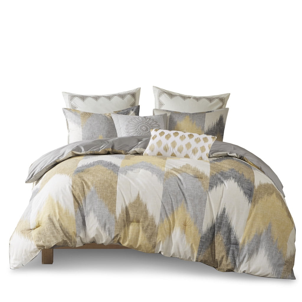 Yellow and Gray Ikat Chevron Cotton King Comforter Set