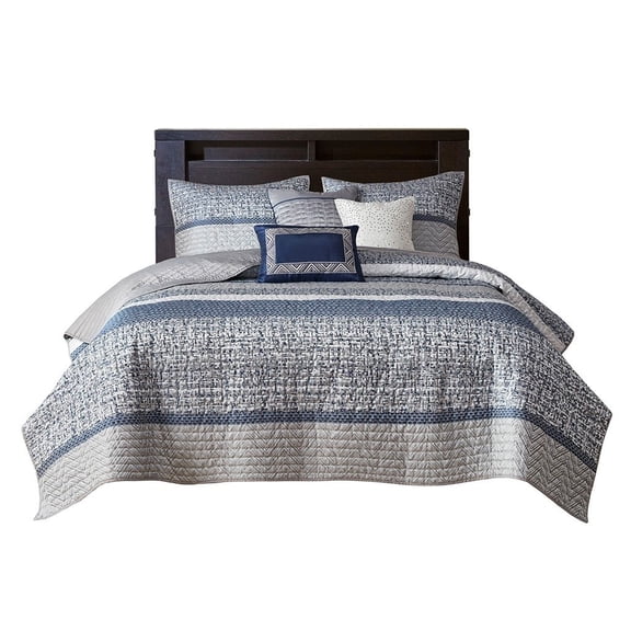 Gracie Mills Hickman 6 Piece Striped Reversible Jacquard Quilt Set with Throw Pillows - GRACE-6559