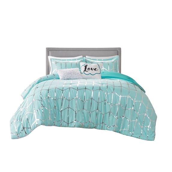 Gracie Mills Isabelle Comforter Set Aqua Metallic Geometric Twin/Full GRACE-9111