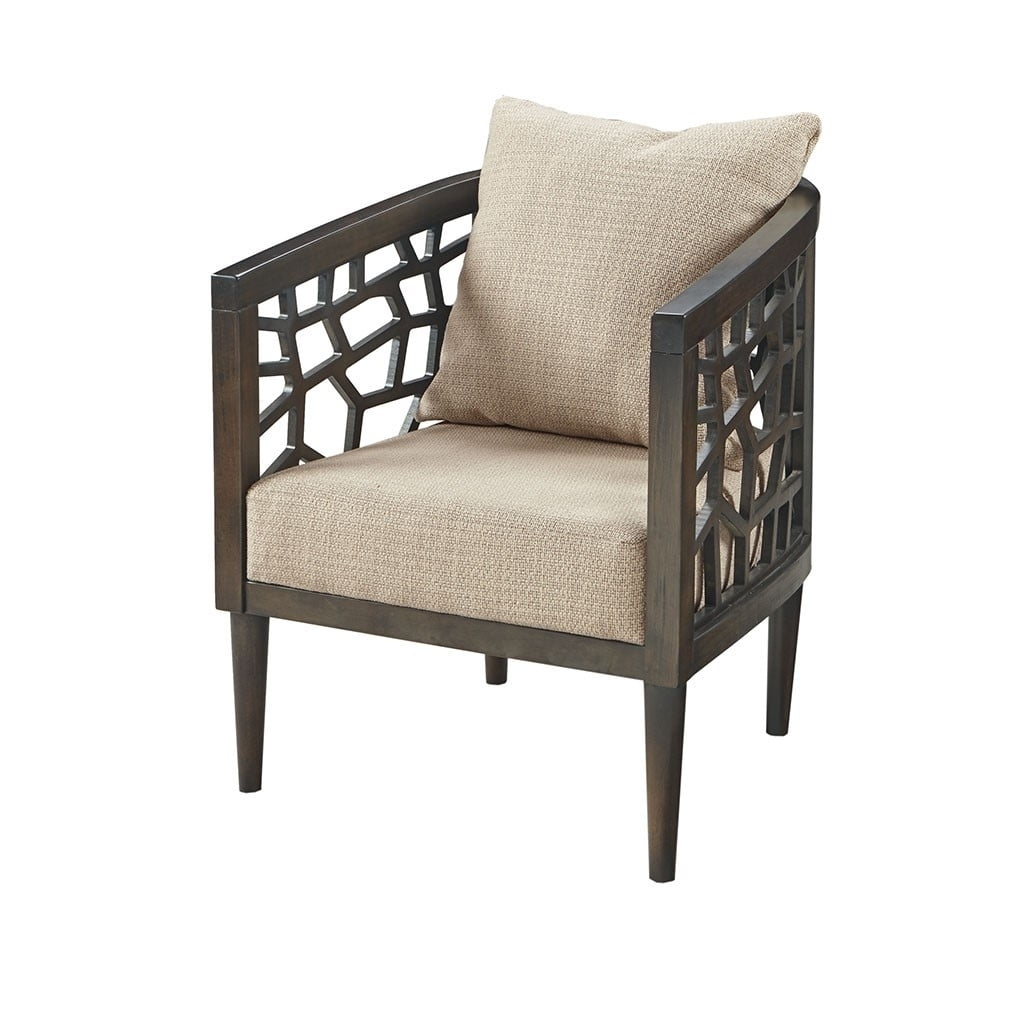 Mid-Century Tan Upholstered Wood Accent Chair with High-Density Foam