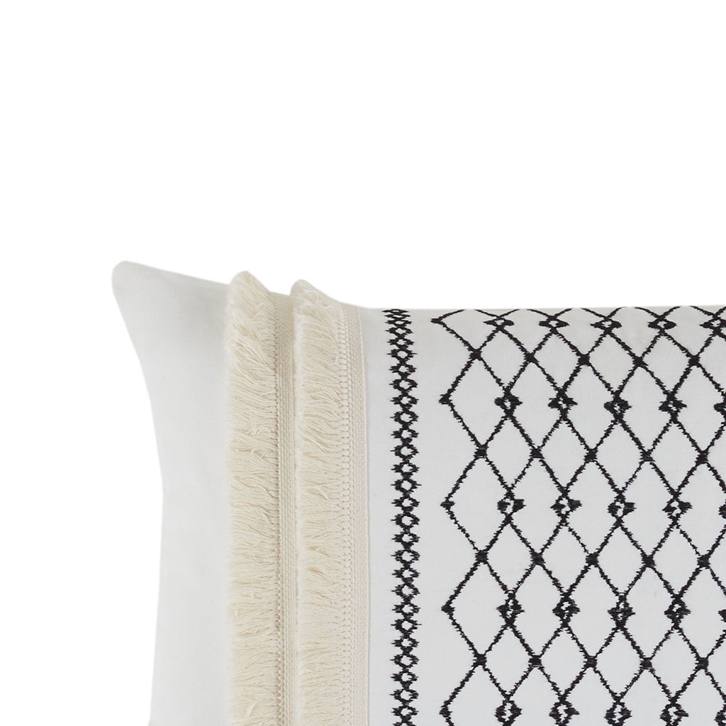 Ivory Geometric Embroidered Cotton Oblong Pillow with Tassels