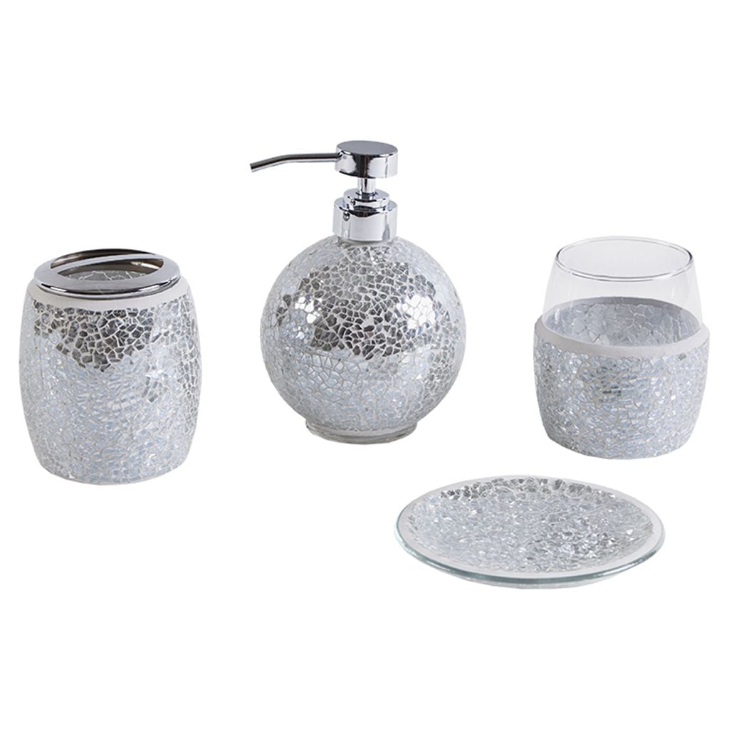 Gracie Mills Keonna 4-Piece Crackle Glass Mosaic Bathroom Accessory Set - GRACE-9144